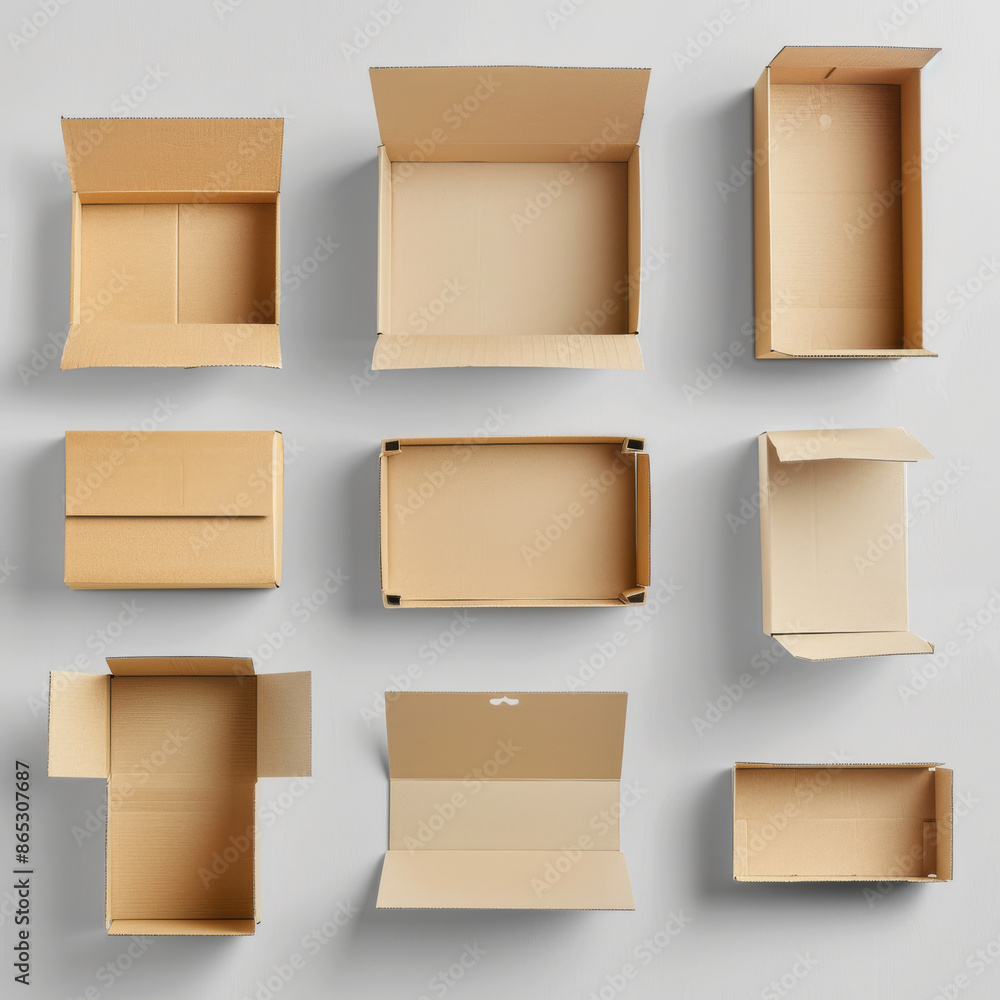 Imagine a set of cardboard packaging boxes, including open and closed versions, viewed from various angles. These boxes come in different shapes and sizes, suitable for shipping and delivery purposes. Imagine a set of cardboard packaging boxes, including open and closed versions, viewed from various angles. These boxes come in different shapes and sizes, suitable for shipping and delivery purposes.