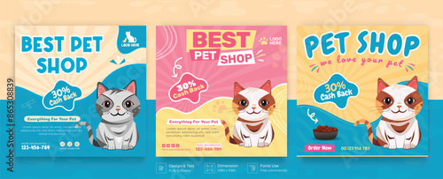 Pet shop, veterinary clinic, pet grooming, pet clinic social media post with cute pets and animal . happy pet, cats. Vector cartoon illustration for veterinary store