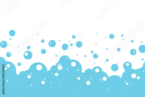 Cartoon soap bubble blue background, bath foam frame, shower water pattern, laundry transparent suds.