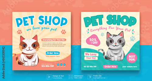 Pet shop social media post template with cute pets and animal . Colorful banner design with happy pet, cats. Vector cartoon illustration for veterinary store