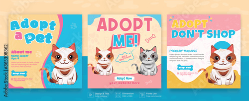 dogs and cats adoption social media post template with cute pets and animal . Adopt me banner, happy pet, cats. Vector cartoon illustration for pet adopt
