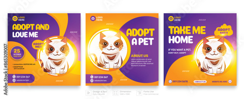 dogs and cats adoption social media post template with cute pets and animal . Adopt me banner, happy pet, cats. Vector cartoon illustration for pet adopt