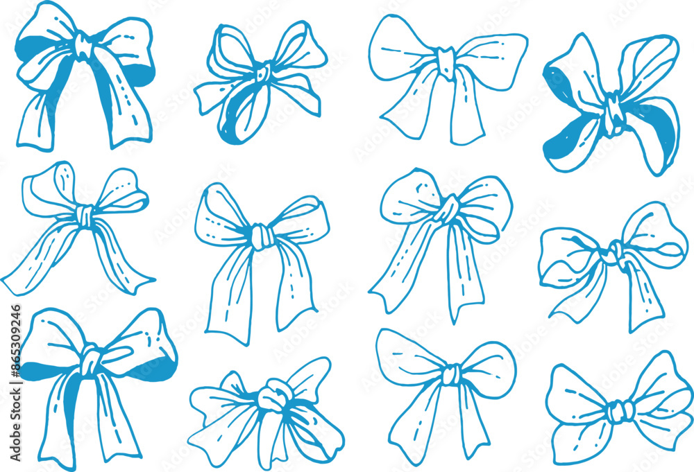 Cute hand-drawn ribbon bow cute doodles retro vector illustration set Cute hand-drawn ribbon bow cute doodles retro vector illustration set