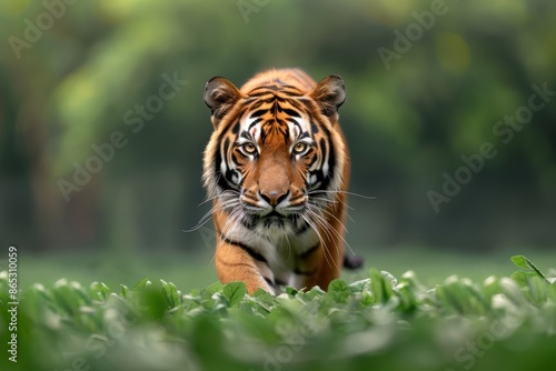 Majestic Bengal tiger walking towards camera through green foliage, International tiger day.