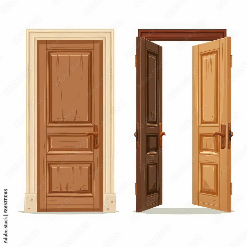 Front View Opened,Closed Door: Illustrating a door in a closed position, depicting the texture of the door material, handle, and possibly a peephole or design elements. Front View Opened,Closed Door: Illustrating a door in a closed position, depicting the texture of the door material, handle, and possibly a peephole or design elements.