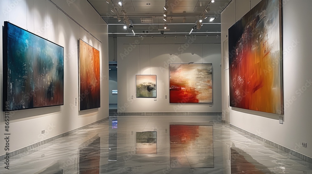 A modern and abstract painting hanging on the white wall of the art exhibition hall. Generative AI. A modern and abstract painting hanging on the white wall of the art exhibition hall. Generative AI.