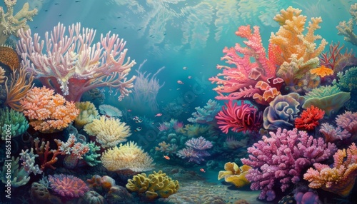 Fototapeta Naklejka Na Ścianę i Meble -  A vibrant coral reef with a variety of colorful corals. Colorful coral reef of the underwater world