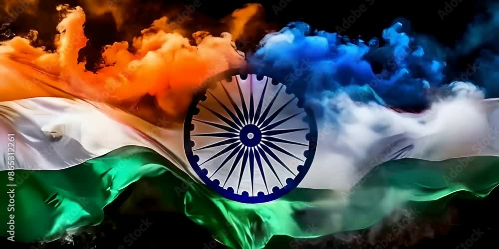 Indian flag colored in smoke on a black background, with the tricolor in the center and an elegant blue wheel design, symbolizing Independence Day and Republic Day celebration