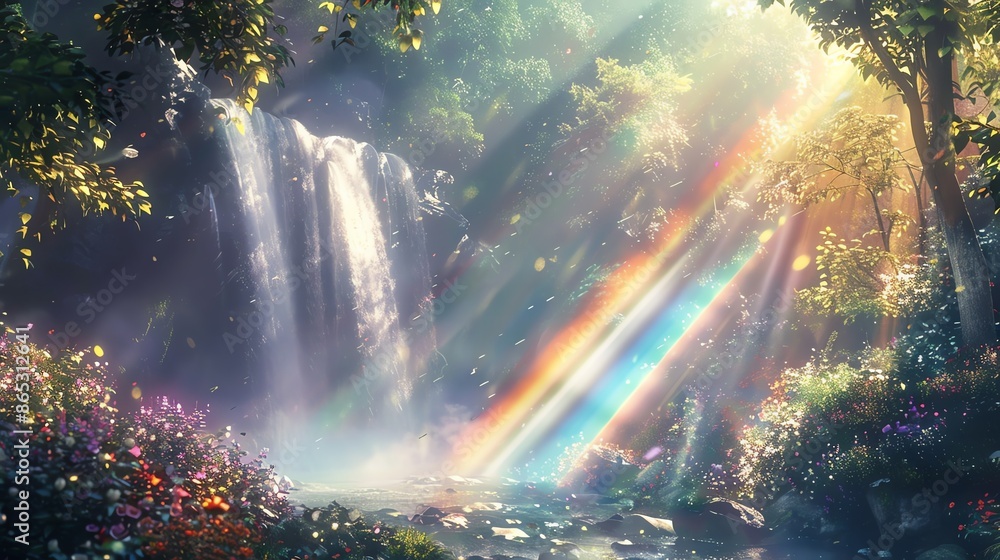 Obraz premium A beautiful landscape with a waterfall, flowers, and a rainbow