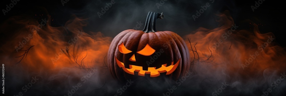 Fototapeta premium Spooky Halloween Pumpkin in Smoky Ambiance
