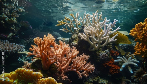 A vibrant coral reef with a variety of colorful corals. Colorful coral reef of the underwater world