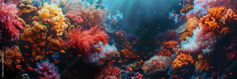 A vibrant coral reef with a variety of colorful corals. Colorful coral reef of the underwater world A vibrant coral reef with a variety of colorful corals. Colorful coral reef of the underwater world