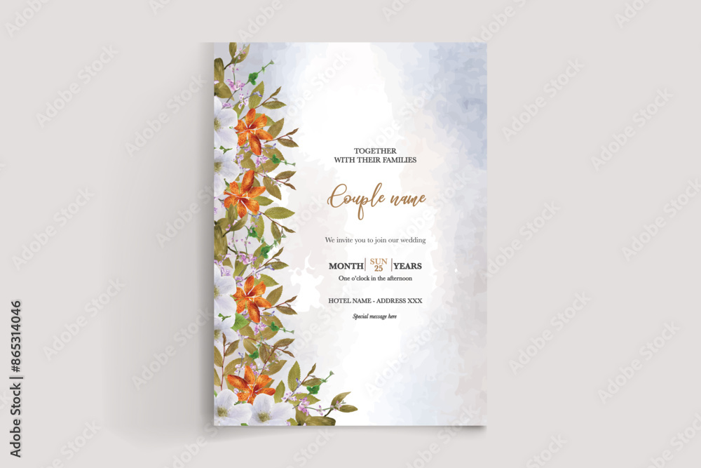 WEDDING INVITATION FRAME WITH FLOWER DECORATIONS AND FRESH LEAVES WEDDING INVITATION FRAME WITH FLOWER DECORATIONS AND FRESH LEAVES