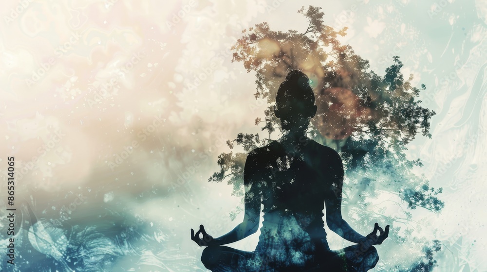 Serene Silhouette of Woman Practicing Yoga in Lotus Position with Tree Overlay, Illustrating Spiritual Connection with Nature and Universe Serene Silhouette of Woman Practicing Yoga in Lotus Position with Tree Overlay, Illustrating Spiritual Connection with Nature and Universe