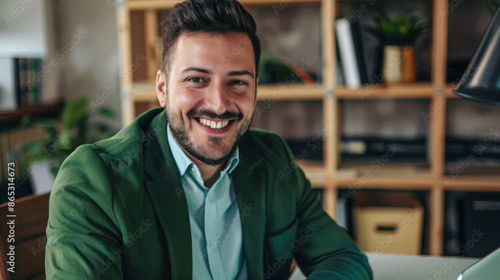 Smiling Businessman in Green Suit Sitting at Desk in Modern Office Smiling Businessman in Green Suit Sitting at Desk in Modern Office