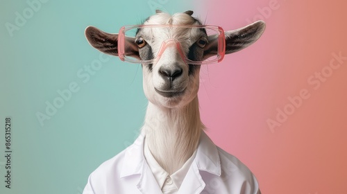 A goat wearing a lab coat and pink curlers in its ears. © Suwanlee