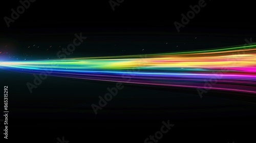 Creative black background with rainbow flare overlay. Colorful streaks of light, vibrant colors on background