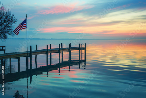 A serene lakeside scene with a wooden dock, a flagpole with an American flag, and the calm water reflecting the sunset. photo