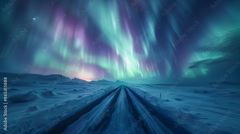 A breathtaking view of the Northern Lights dancing above an icy landscape, with vibrant colors and dramatic shapes in starring night sky.