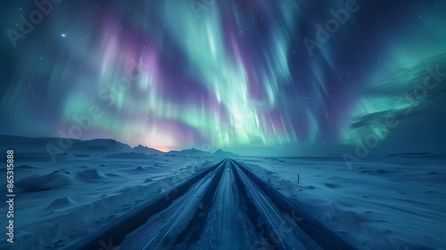A breathtaking view of the Northern Lights dancing above an icy landscape, with vibrant colors and dramatic shapes in starring night sky.