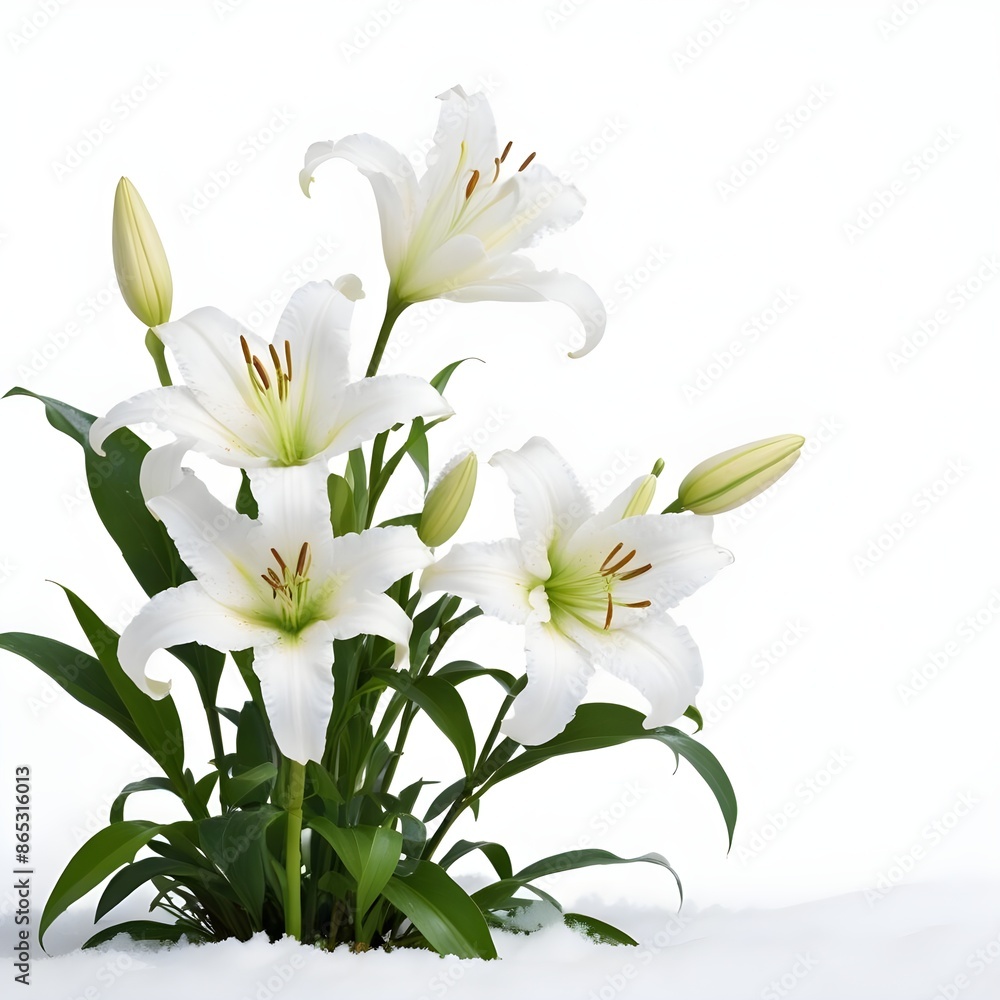 White lilies blooming in the snow , with green leaves and stems against a white background with copy space White lilies blooming in the snow , with green leaves and stems against a white background with copy space