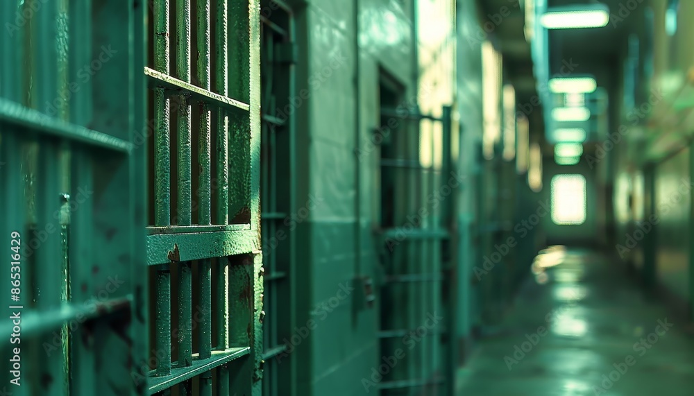 Obraz premium Row of prison cell doors in a jail corridor with a focus on one heavy green metal door