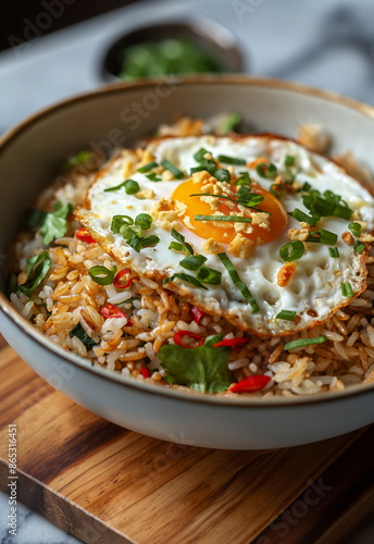 A delicious bowl of spicy fried rice topped with crumbled egg, showcasing a perfect pot meal of Chinese cuisine