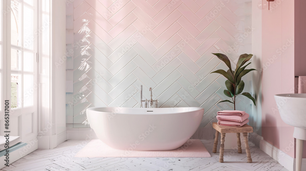 Elegant chevron tiles in soft pastels, creating a soothing bathroom retreat Elegant chevron tiles in soft pastels, creating a soothing bathroom retreat