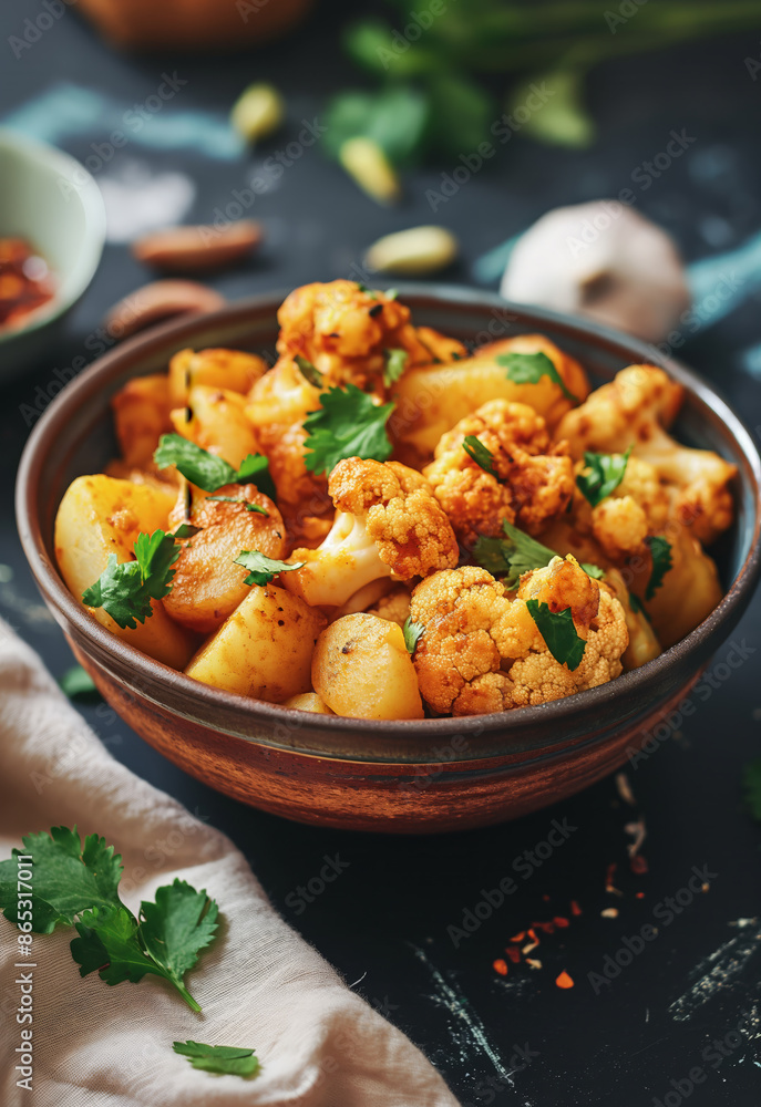 Aloo Gobi: Indian Potato and Cauliflower Curry in Ceramic Bowl Aloo Gobi: Indian Potato and Cauliflower Curry in Ceramic Bowl
