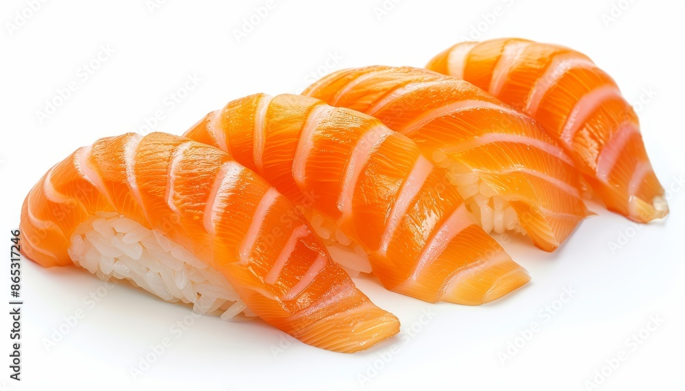 Salmon sushi on a plain white surface