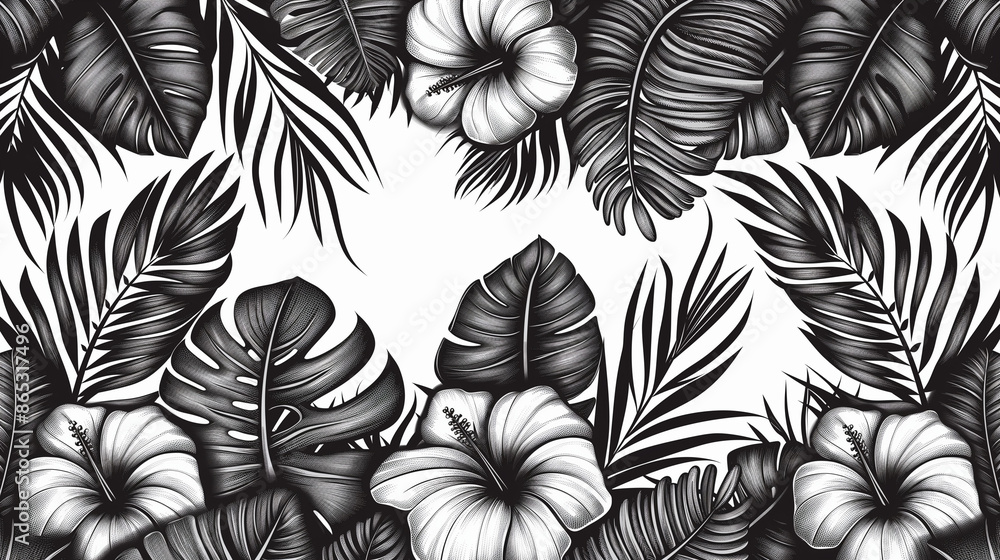 seamless pattern with tropical leaves. Beautiful allover print with hand drawn exotic plants. Swimwear botanical design. black and white tropical plants.