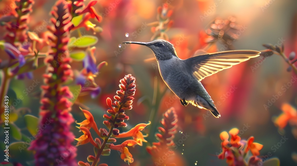 Obraz premium A hummingbird hovers near a vibrant flower garden, sipping nectar from blooming flowers. The shot is captured from a side angle, showcasing a rich variety of colors and plants. 
