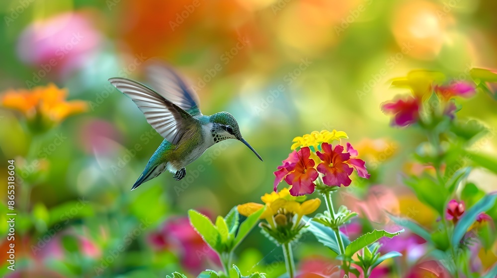 Fototapeta premium A hummingbird hovers near a vibrant flower garden, sipping nectar from blooming flowers. The shot is captured from a side angle, showcasing a rich variety of colors and plants. 