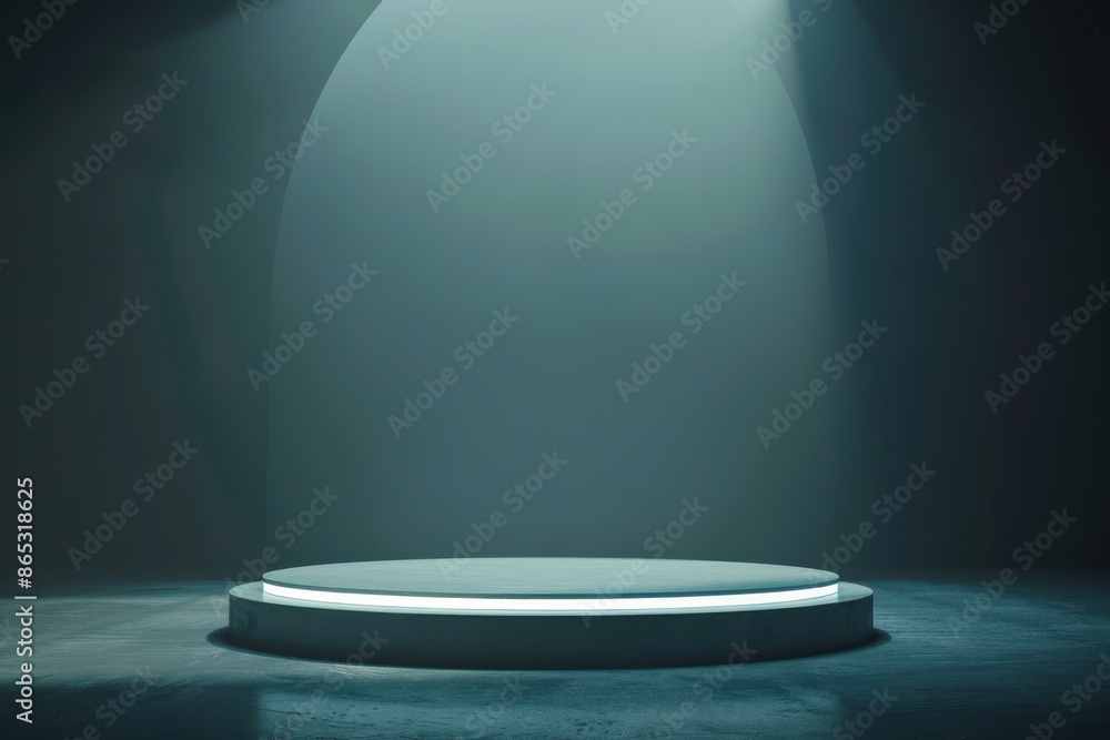 Empty round podium illuminated by spotlight in a dark room. Ideal for product placement, presentations, or exhibitions. Concept of showcasing, minimalism, and modern design.