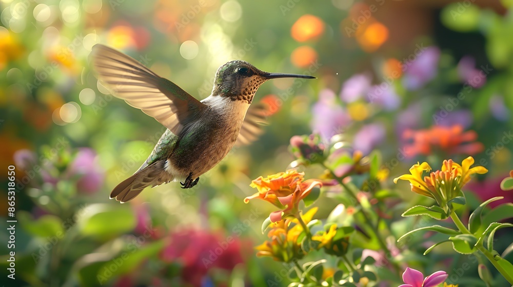 Fototapeta premium A hummingbird hovers near a vibrant flower garden, sipping nectar from blooming flowers. The shot is captured from a side angle, showcasing a rich variety of colors and plants. 