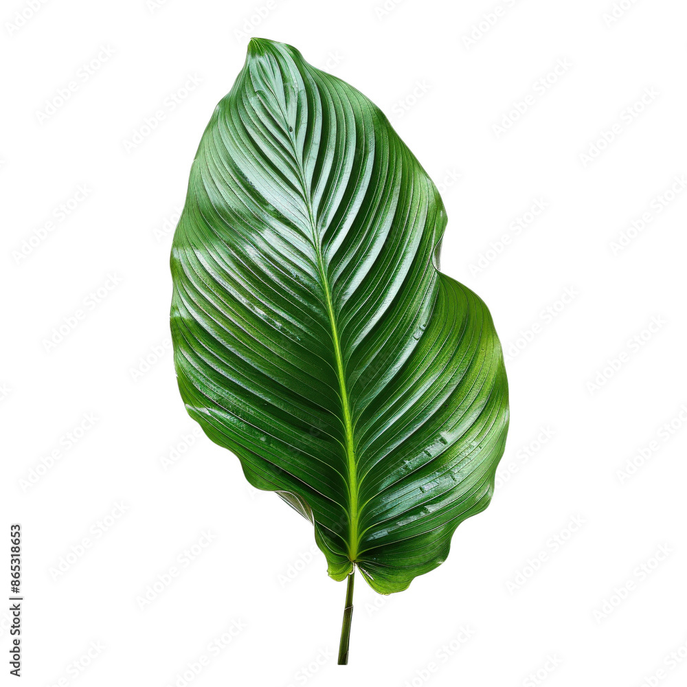Fototapeta premium Close-up of a single vibrant green tropical leaf with detailed texture, isolated on white background, perfect for botanical designs.