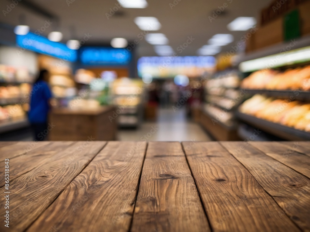 Wood table top for product display with blurred supermarket behind Wood table top for product display with blurred supermarket behind