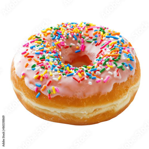 Delicious pink glazed donut with colorful sprinkles isolated on white background. Perfect for bakery and dessert-themed projects.