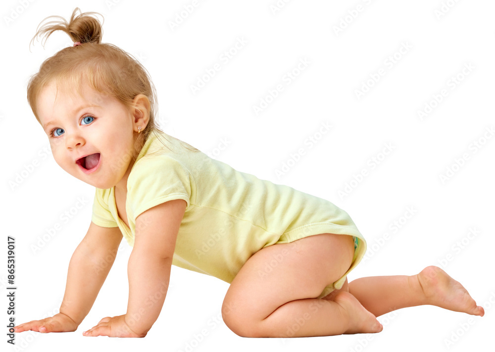 Cheerful, joyful, happy little baby, girl, toddler crawling and laughing against transparent background. Curious child. Concept of childhood, motherhood, care, life, birth. Copy space for ad Cheerful, joyful, happy little baby, girl, toddler crawling and laughing against transparent background. Curious child. Concept of childhood, motherhood, care, life, birth. Copy space for ad