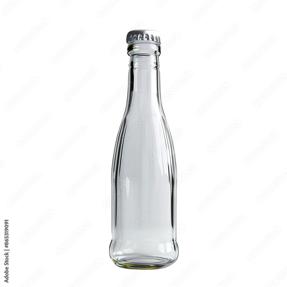 Isolated clear glass bottle with metallic cap on a white background. Ideal for packaging, branding, and product mockups. Isolated clear glass bottle with metallic cap on a white background. Ideal for packaging, branding, and product mockups.