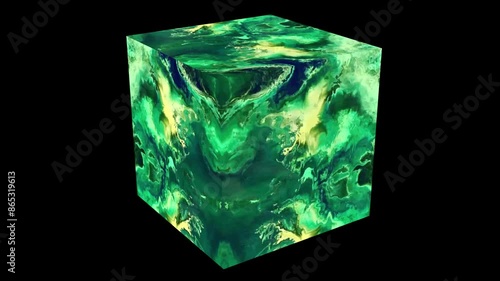 Magic cube with сolorful atmosphere rotates slowly on black background.