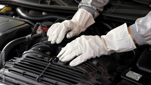 Hands Carefully Inspecting and Cleaning Engine Air Intake for Routine Maintenance and Repair