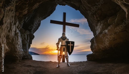 Ephesians - The Armor of God. The Knight wearing Armor of God based on Bible text in Ephesians 6. 
Breastplate of Righteousness and Shield of Faith. 