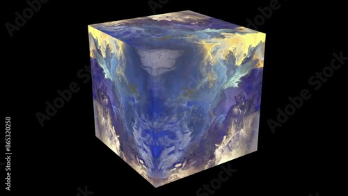 Magic cube with сolorful atmosphere rotates slowly on black background.