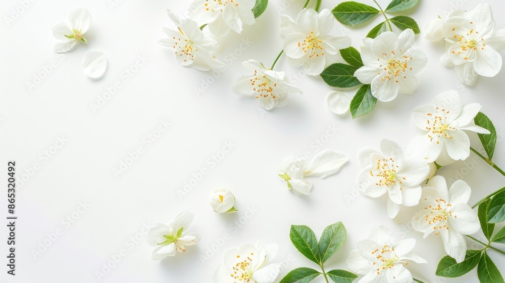 Mock Orange Flowers on White Background with Text Space Mock Orange Flowers on White Background with Text Space