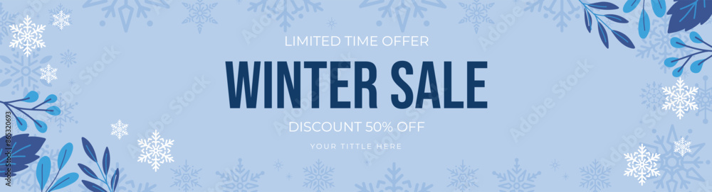 Winter sale banner template with snow flakes and leaves, sale design Vector illustration Winter sale banner template with snow flakes and leaves, sale design Vector illustration