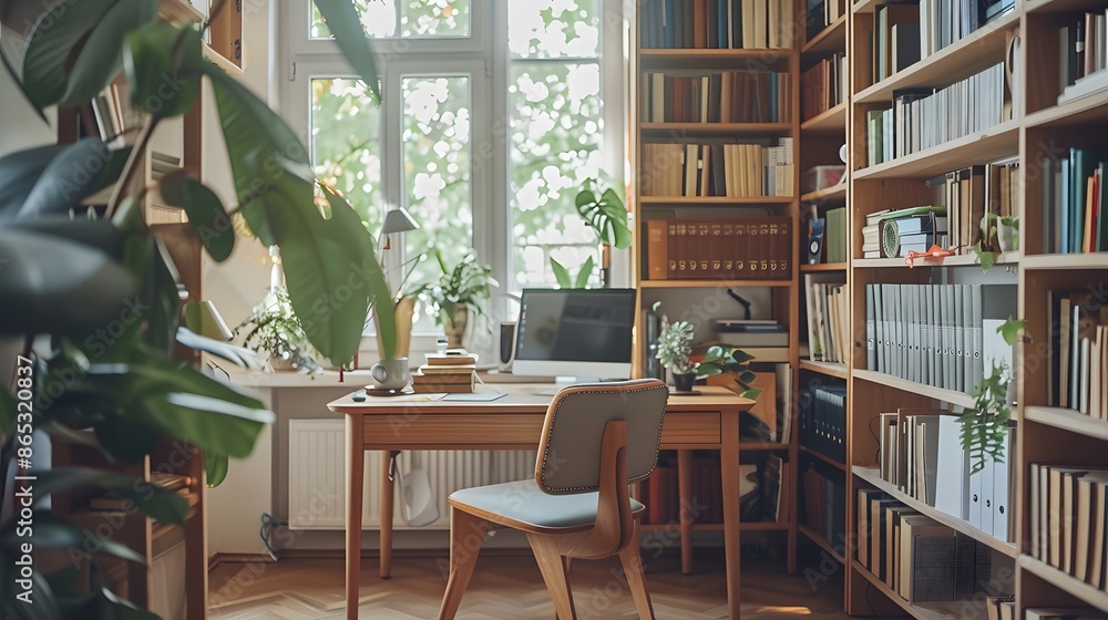 Home office setup with a minimalist oak desk, ergonomic chair in soft gray, and open shelving filled with books. A large, leafy plant adds a touch of greenery, a large window. Home office setup with a minimalist oak desk, ergonomic chair in soft gray, and open shelving filled with books. A large, leafy plant adds a touch of greenery, a large window.