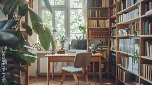 Home office setup with a minimalist oak desk, ergonomic chair in soft gray, and open shelving filled with books. A large, leafy plant adds a touch of greenery,  a large window. © horizon