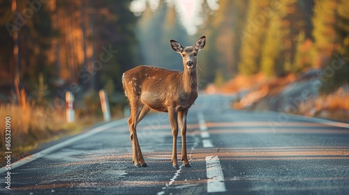 Deer standing on the road near forest at early morning or evening time. Road hazards, wildlife and transport