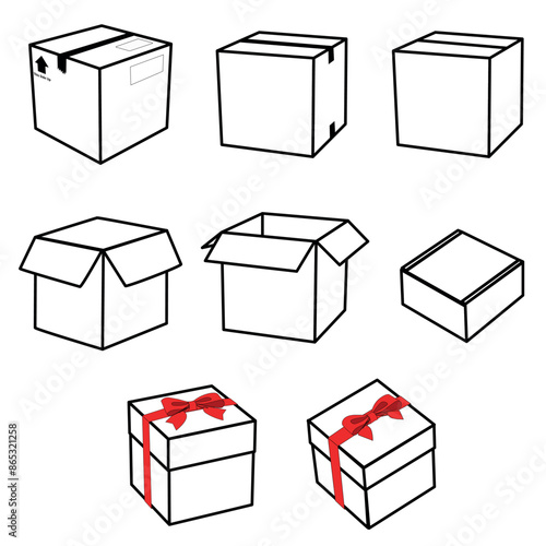 Vector box set, closed, open, ribboned boxes on white background
